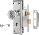 Upgraded Mortise Lock Set for Interior Door, Antique Vintage Style Crystal Glass Door Knobs with Skeleton Key, Reversible for Left & Right Handed Door, Brushed Nickel Finish