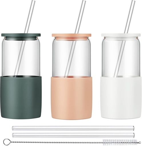 [BRSROY36OVYRACTK] Sunseeke Glass Tumbler with Straw and Lid, 16oz Ice Coffee Cup, Silicone Sleeve Cleaning Brushes, Drinking Glasses for Water, Iced Coffee, Smoothie -BPA Free -3 Pack