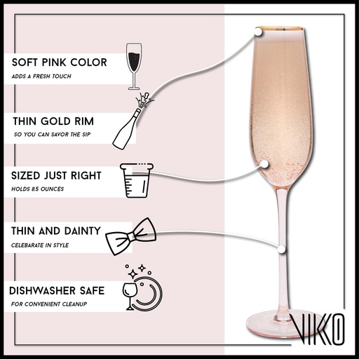[BRSROED5CIGWKHIV] Vikko Champagne Flutes, 8.5 Ounce Toasting Champagne Flute, Pink with Gold Rim Crystal Clear Champagne Glasses, Set of 4 Elegant Sparkling Wine Glasses