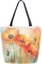 Fashion Extra Large Shoulder Grocery Tote Bag, Beautiful Ginger Poppy Painting Flower Canvas Daily Handle Bag for Gym Yoga Weekender Beach Travel Picnic Kitchen Reusable Market Shopping