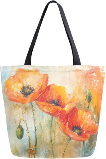 [BRSRA2YFAAORS3DJ] Fashion Extra Large Shoulder Grocery Tote Bag, Beautiful Ginger Poppy Painting Flower Canvas Daily Handle Bag for Gym Yoga Weekender Beach Travel Picnic Kitchen Reusable Market Shopping
