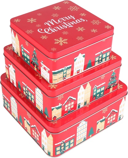 [BRSREH37CQBRGA3G] Christmas Tin Gift Box Santa Tinplate Candy Cookie Jars Square Candy Storage Containers with Lids for Holiday Xmas Supplies 3Pcs (Style C)