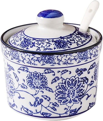 [BRSW2HACOEIBYETH] Fashion & Lifestyle Ceramic Blue and White Porcelain Sugar Bowl Spice Jar with Lid and Spoon Seasoning Box Condiment Pots White Sugar Dispenser 8 Ounces