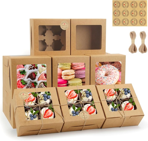 [BRSW2YABB4BRQD3V] OAMCEG 50 PCS Cupcake Boxes with Window, 6x6x3 Inch Cookie Boxes, Brown Bakery Containers for Pastry, Dessert, Chocolate Strawberries, Treat Boxes with Stickers & Jute Twine