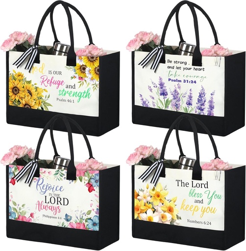 [BRSRA2YBOUIRA3AV] 4 Pcs Religious Tote Bags for Women Christian Inspirational Bag Bible Verse Church Gift Canvas Bag Black Tote Bags