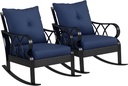 Outsunny 2 Piece Outdoor Wicker Rocking Chairs with Padded Cushions, Aluminum Furniture Rattan Porch Rocker Chairs w/Armrest for Garden, Patio, and Backyard, Blue