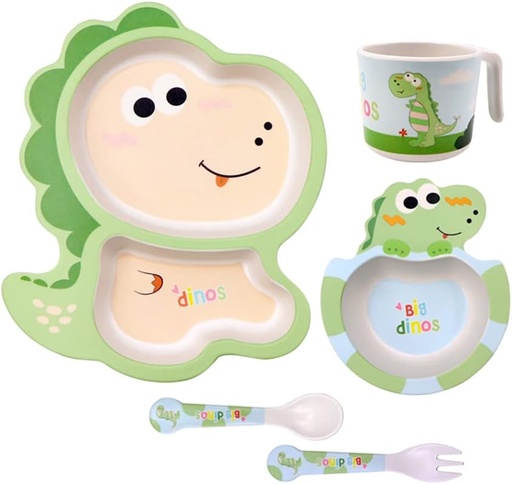 [BRSRMCAZOAFAOGY6] Bamboo Kids Dinnerware Set 5 Pcs Includes Plate Bowl Cup Fork Spoon Perfect for Kids BPA-Free (Little Dinosaur)
