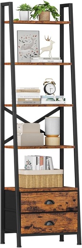 [BRSROAD3CABWEETL] Furologee 5-Tier Ladder Shelf with 2 Drawers,Narrow Bookshelf Storage Shelves,Industrial Bookcase Freestanding Rack Units for Bedroom,Living Room,Bathroom,Home Office,Balcony,Wood Metal,Rustic Brown