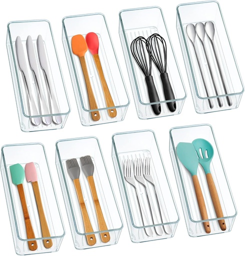 [BRSRMFABCACBOETL] Hudgan 8 Pack Clear Plastic Drawer Organizer Bins Set, Stackable Cutlery Storage Bins Trays for Organizing Kitchen, Bathroom, Office, Crafts, Gadgets, Cabinet Supplies