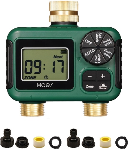 [BRSRE232DMGQOCI3] MOES 2 Outlet Sprinkler Timer, Brass Inlet & Outlet, Programmable Automatic Irrigation Controller, Rain Delay, Manual Watering, 2 Zone Water Hose Timer for Gardens, Lawns, and Hose Systems
