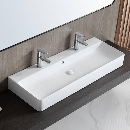 [BRSROGI5BMFWEADP] Eridanus Bathroom Sink Rectangle 43" x 16", Two Hole Vitreous Ceramic Vessel Sink, Countertop & Wall Mount, Modern Porcelain Vanity Floating Sink Art Basin Trough with Overflow, Glossy White