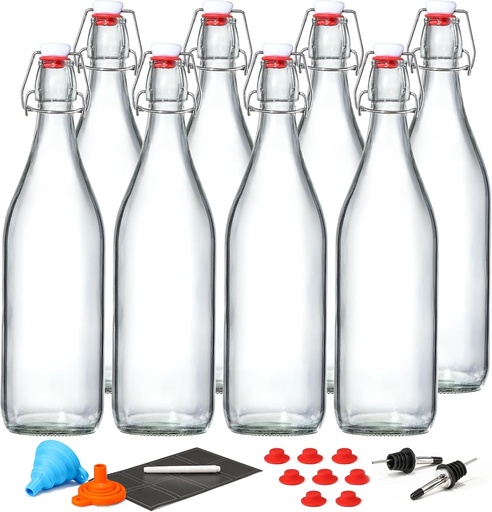 [BRSRO2QDOR5WKYLD] 8 Pack [1 L / 33 fl. oz.] Swing Top Glass Bottles w/ Airtight Stopper Lids – Flip Top Brewing Bottle for Fermentation, Kombucha, Mead, Vinegar, Beer, Kefir, Wine, Soda – With 8 Extra Seals & 2 Pourer