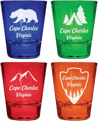 [BRSRA2YBCQARY3AU] Cape Charles Virginia Souvenir 4-Pack Multicolor Engraved Round Shot Glasses Camping and Outdoors Set