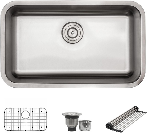 [BRSRMHT3CEHRADTL] S STRICTLY KITCHEN + BATH Sinks 29 Inch Undermount Kitchen Sink-Single Bowl Sinks-18 Gauge Sink-Ideal Sink for with Single Disposal Flange (with Stopper) Only, Silver, 29.75 Inch
