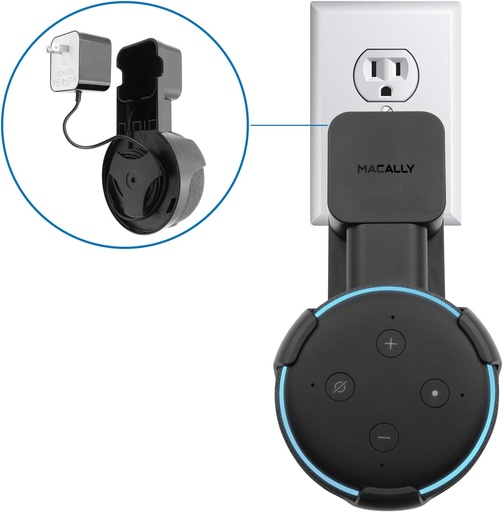[BRSWGGIKCEBGCDLH] Macally Echo Dot Wall Mount Holder for Amazon Alexa 3rd Gen Speaker - Compact Bracket Stand Saves Home & Kitchen Counter - Plug In Hanger Accessories without Messy Wires - Black