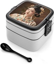 Oriental Beauty Bento Box Leak-Proof Double Layered Lunch Containers with Spoons And Invisible Handle, Portable Lunch Boxes for Work Picnic Travel