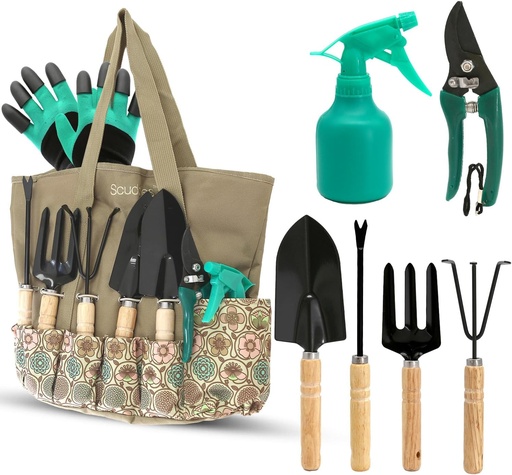 [BRSWGZDYDFYBSETA] Scuddles 8-Piece Garden Tool Set with Bag, Stainless Steel Tools, Wooden Handles and Fingertip Claw Gloves for Digging, Landscaping and Heavy Gardening