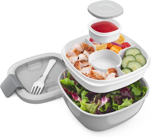 [BRSWKZIFBF7GIGA5] Bentgo Salad Container - 54 oz Bowl with 4-Compartment Toppings Tray, Leak-Proof Dressing Container, Reusable Fork, BPA-Free Lunch Box for Meal Prep & Food Storage; Removable Bento Tray (Gray)