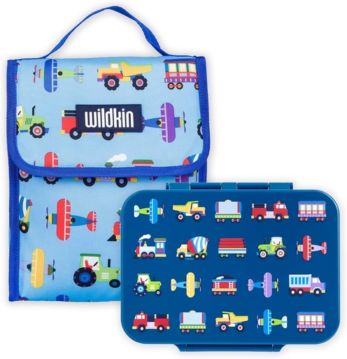 [BRSW2AAZBB5A2F3P] Wildkin Kids Lunch Bag Bundle with Bento Box - Leak-Resistant Reusable Lunch Set for School & Travel, Keeps Food Fresh - Trains, Planes and Trucks