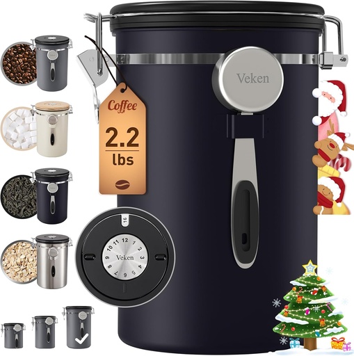 [BRSRACD7CJYBUHL5] Veken Coffee Canister, 39OZ Large Christmas Coffee Lovers Gift Basket Set,Airtight Stainless Steel Food Storage Kitchen Container Gifts for 2.2lbs Beans, Ground, Sugar, Tea, Flour, Cereal,Scoop,Black