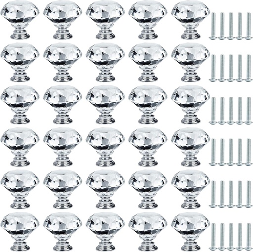 [BRSWYA36CF6QKETL] 30 pcs Crystal Drawer Knobs, Crystal Glass Dresser Knobs with Screws, Clear Diamond Shape Pulls Handles for Cabinet Drawers, Cupboard Wardrobe Pulls Decoration (1.18in)