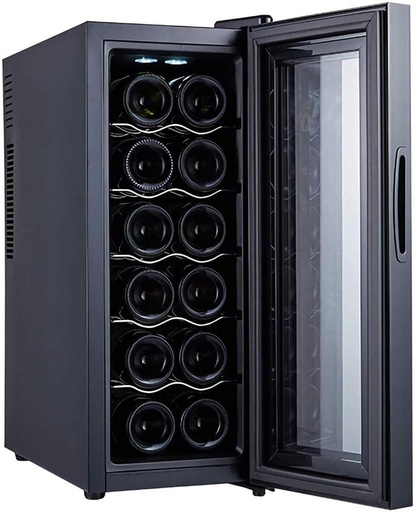 [BRSROAQNCMPBSEL3] Wine Cooler 12 Bottle Thermoelectric Wine Cellar Fridge Small Countertop Constant Humidity Wine Refrigerator Digital Control Glass Door Black-B Metal Shelves