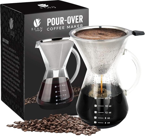 [BRSWG2QRBUJRUHTF] Bean Envy Pour Over Coffee Maker, High-Heat Borosilicate Glass with Reusable Stainless Steel Filter, Glass Coffee Maker (20 Oz)