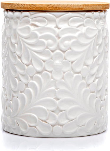 [BRSROFQ7BB5WEYI4] Small Engraved Ceramic Kitchen Canister - Storage Jars with Airtight Lids Made from Bamboo with Nature-Inspired Engraving - Use as a Pasta Holder, Coffee Ground Holder, Rice Container - 30 Ounces