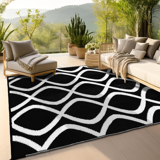 [BRSRAHQFO55G22YV] wikiwiki Outdoor Rug, 5x8ft Waterproof Reversible Mat Indoor Outdoor Rugs Carpet, Small Area Rug Plastic Straw Rug for Patio Deck Balcony Pool RV Camping Beach Picnic, Black & White, Rugscape Series