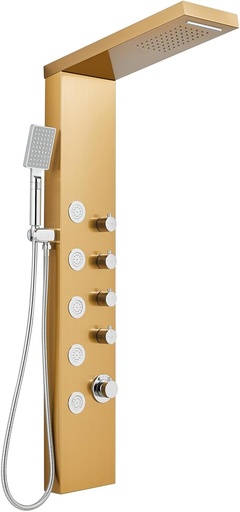 [BRSROHDQOUJRO3YY] ROVOGO Gold Shower Panel Tower System with 4 Simultaneous Functions: Rainfall, Waterfall, Body Jets and Handheld, 304 Stainless Steel Shower Column Wall-Mount