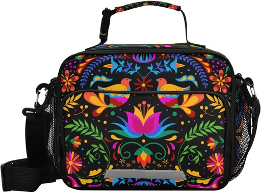 [BRSRO2YDOAFBECLU] Mexican Flower Embroidery Lunch Bag for Women Men Insulated Cooler Tote Bag with Adjustable Shoulder Strap Large Capacity Reusable Leakproof Picnic Lunch Box Outdoor for Adult Office