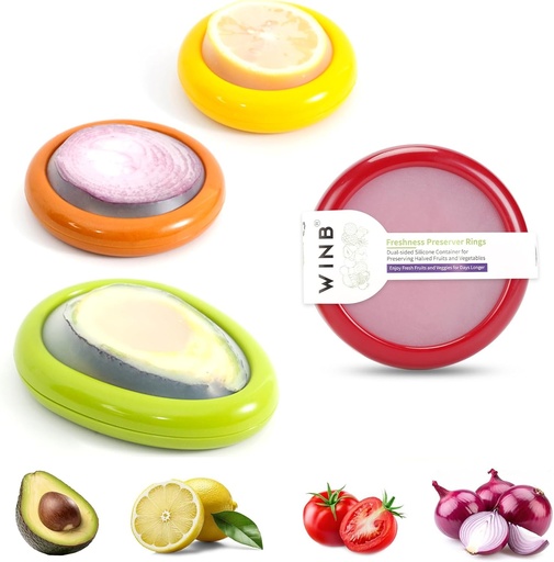 [BRSRAY3RO56BUADU] Winb Set of 4 Reusable Fruit and Veggie Savers - Ideal for Avocados, Tomatoes, Apples, Garlic, Onions, and More