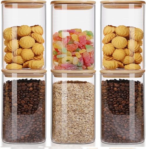 [BRSROBI7AQAWEFLP] 50oz Glass Food Storage Jars Set of 6,Glass Storage Containers Clear Glass Food Canister with Bamboo Lid Airtight For Serving Tea, Coffee, Flour, Sugar, Candy, Cookie, Spice and More (Square)