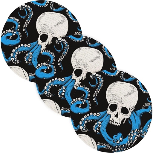 [BRSRAAI6OQIQ2H3B] 3 Pcs Trivet for Hot Pots and Pans 15in Cotton Thread Weave Heat Resistant Pad for Crock Pot Bathroom Decor Halloween Black and White Skull Blue Animal sea