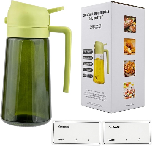 [BRSRAGDQBEPWGAYU] Oil Spray Bottle Dispenser for Kitchen Cooking, 470ml 16oz 2 in 1 Olive Oil Mister with 2 Waterproof Stickers for Kitchen Gadgets, Air Fryer, Salad, Frying, BBQ - Green Lid + Green Bottle