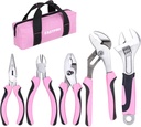 FASTPRO 5-Piece Pink Utility Pliers Set with Storage Bag, Includes Groove Joint, Diagonal, Long Nose, Slip Joint Pliers and 8" Adjustable Wrench