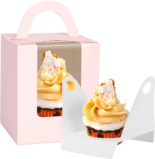 [BRSRACYCOANGCFA6] JCD Cupcake Boxes Carriers, 120pcs Pink Single Individual Cupcakes Box Holders Containers,3.7 * 3.7 * 4.3inch Cupcake Container Pastry with Insert Window & Handle for Parties (Pink/120Pcs)