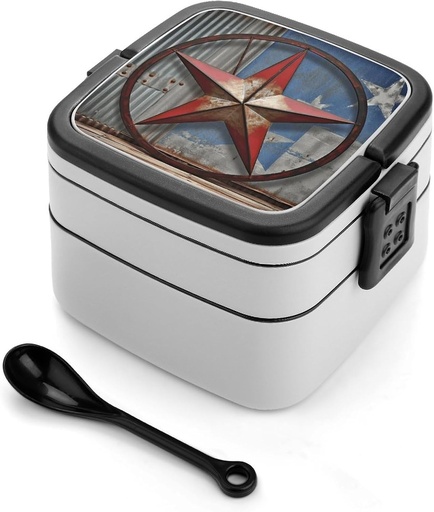 [BRSREHYDA55GYCD4] Stackable Double-Layer Bento Box American Wastern Texas Star Adults Lunchbox with Spoon Cute Japanese Bento Box Dishwasher Safe for Work Travel Dining Outc