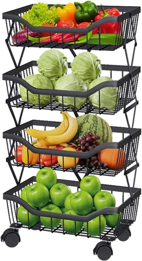 [BRSROEI5AUNQIADA] Fruit Basket for Kitchen 4 Tier Stackable Fruit Vegetable Storage Baskets with Wheels Metal Wire Storage Basket Organizer Cart for Kitchen Livingroom Diningroom Office, Black