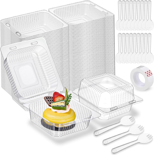 [BRSRE2YZBMHAECDA] 301 Pcs Clear Plastic Take out Containers Set 150 Clamshell Dessert Container with Hinged Lid and Spoons Disposable Boxes Takeout Tray for Cake Slice Fruit Salads, 5.3 x 4.7 x 2.8 inches