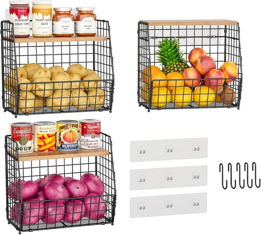 [BRSREZD7CUBB6EQ6] 3 Pack Hanging Kitchen Baskets with Adjustable Wood Lid & S Hook- No Drilling Adhesive Wall Mount Wire Basket Over the Cabinet Door Organizer, Onion and Potato Storage for Pantry, Kitchen, Bathroom