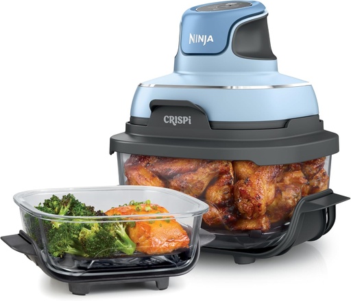 [BRSREHA2O57BU2DO] Ninja Crispi Air Fryer, Microwave, Freezer & Dishwasher Safe, Non Toxic Glass Portable Cooking System, 4 QT & 6 Cup Glass Containers with Storage Lids, Easy Meals, Air Fry, Bake, Periwinkle (Renewed)