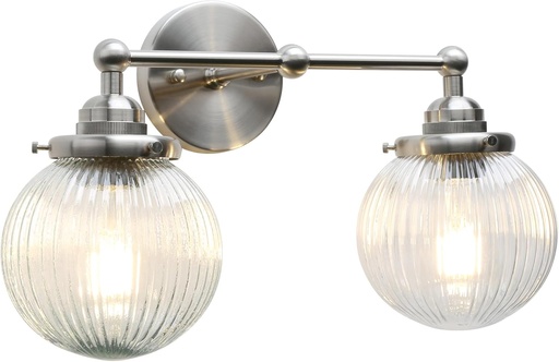 [BRSROGI2DMPBQFY4] Yosoan 2-Light Indoor Boho Vanity Wall Sconce with Striped Round Glass, Modern Hardwired Vintage Industrial Wall Mount Farmhouse Retro Ribbed Shade for Bathroom Kitchen Over Sink Bedroom(Brushed)