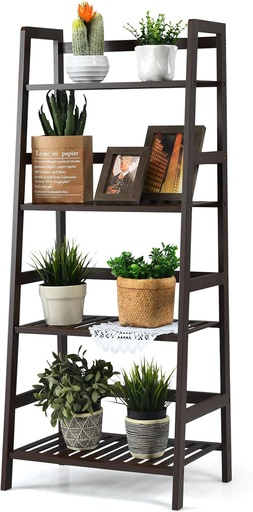 [BRSW22QCOIIQ2ADJ] GRAFFY 4-Tier Ladder Shelf Plant Stand, Bamboo Ladder-Shaped Bookcase Storage Shelves, Multifunctional Display Rack, Plant Stand Flower Pots Holder for Living Room/Bathroom/Bedroom (Espresso)