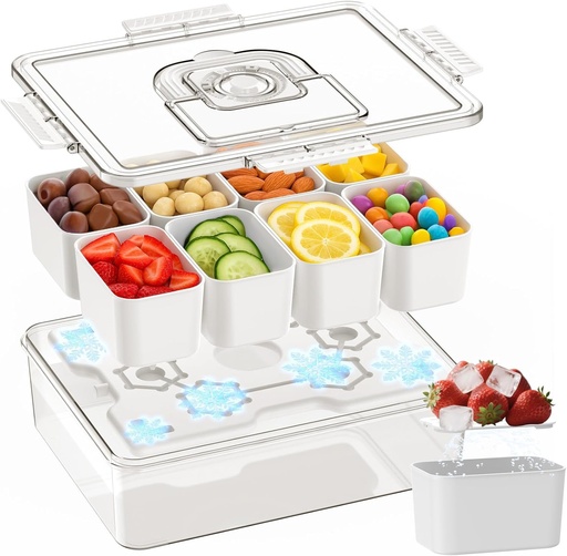 [BRSRE2YQAUGWAFI2] AIERSA Snackle Box Container with Ice Pack Built In, Reusable Divided Snack Containers Tray Cool with Lid, 8-Compartment Portable Travel Snackle Boxes, Large Snacklebox Trays for Adults