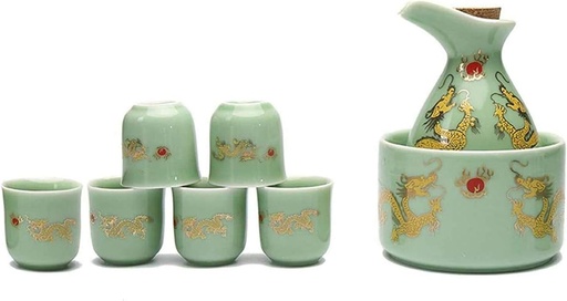 [BRSRAFT2OAGWE3LP] Ceramic Sake Set Sake Set 8 Pieces Japanese Sake Set with Warming Pot, Ceramic Wine Glass Set, SsangYong Pattern Crafts Cups for Cold/Warm/Hot Sake/Shochu/Tea Warmer