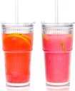 20oz Ribbed Glass Cups with Lids and Straws Iced Coffee Glass Tumbler Drinking Glasses Set of 2 for Tea Juice Soda Smoothie(Ribbed A*2 with Lid)