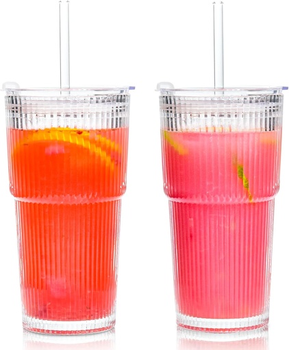 [BRSRAGIDO4FR6CY4] 20oz Ribbed Glass Cups with Lids and Straws Iced Coffee Glass Tumbler Drinking Glasses Set of 2 for Tea Juice Soda Smoothie(Ribbed A*2 with Lid)