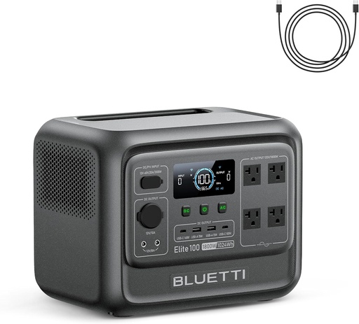 [BRSREZT3C4DRQD3F] BLUETTI Elite 100 V2 Portable Power Station and USB C Cable, 1024Wh LFP Battery Solar Generator w/ 4 1800W AC Outlets (3600W Surge) Backup, 35% Smaller for Camping, RV, Outages (Solar Panel Optional)