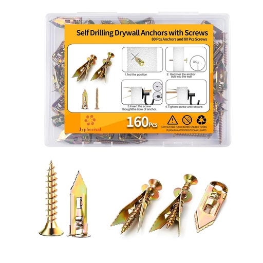 [BRSRA2YFB4FBQCT5] 160 PCS Drywall Self Drilling Anchors with Screws Kit,80 PCS Sheetrock Anchors (0.47X1.18inch) and 80 PCS Screws, Eliminating The Need for Drilling or Punching Holes in The Wall.